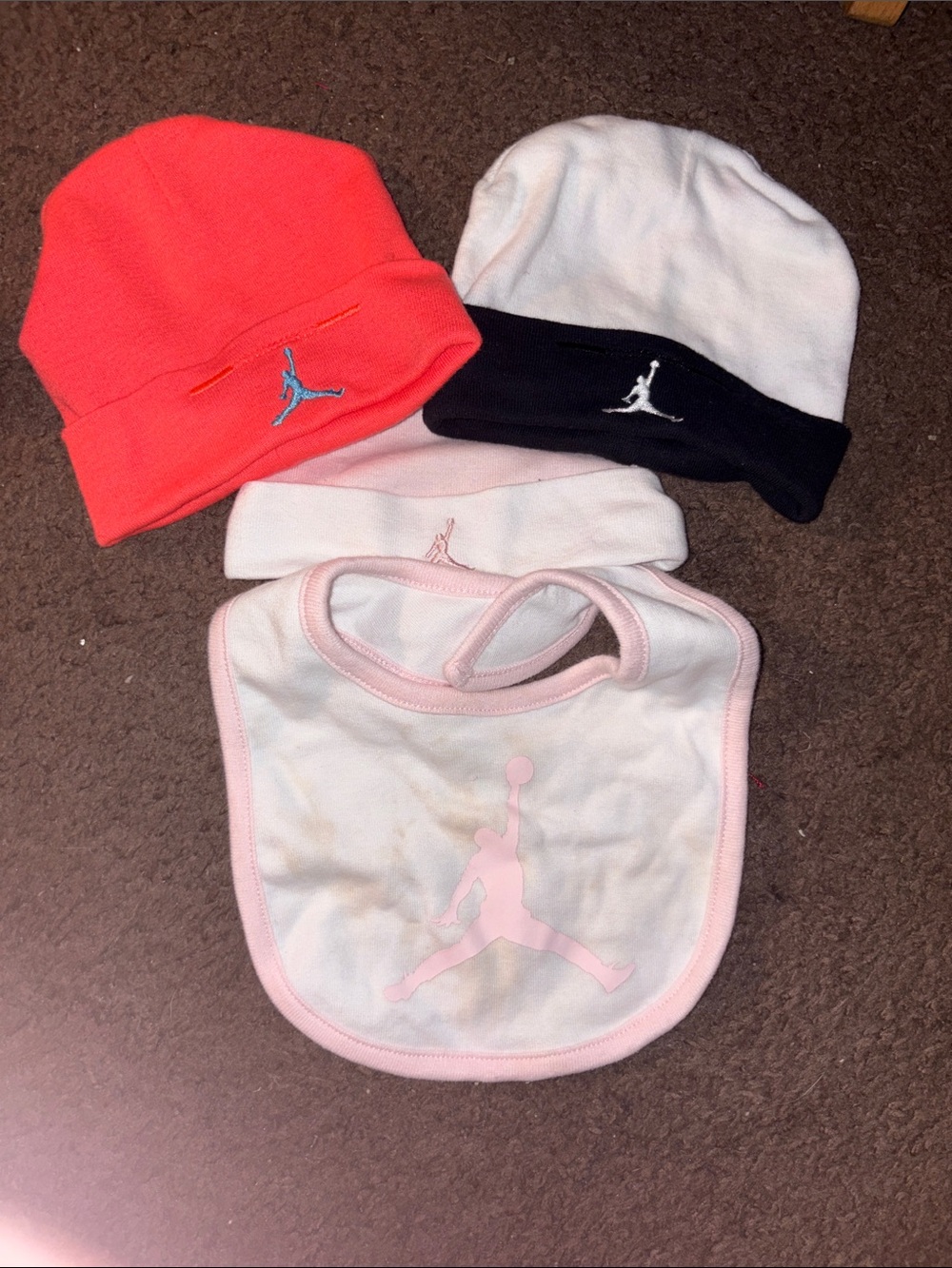 Jordan Baby 4Piece Beanie & Bib Set - Coral, White, Black, Light Pink
